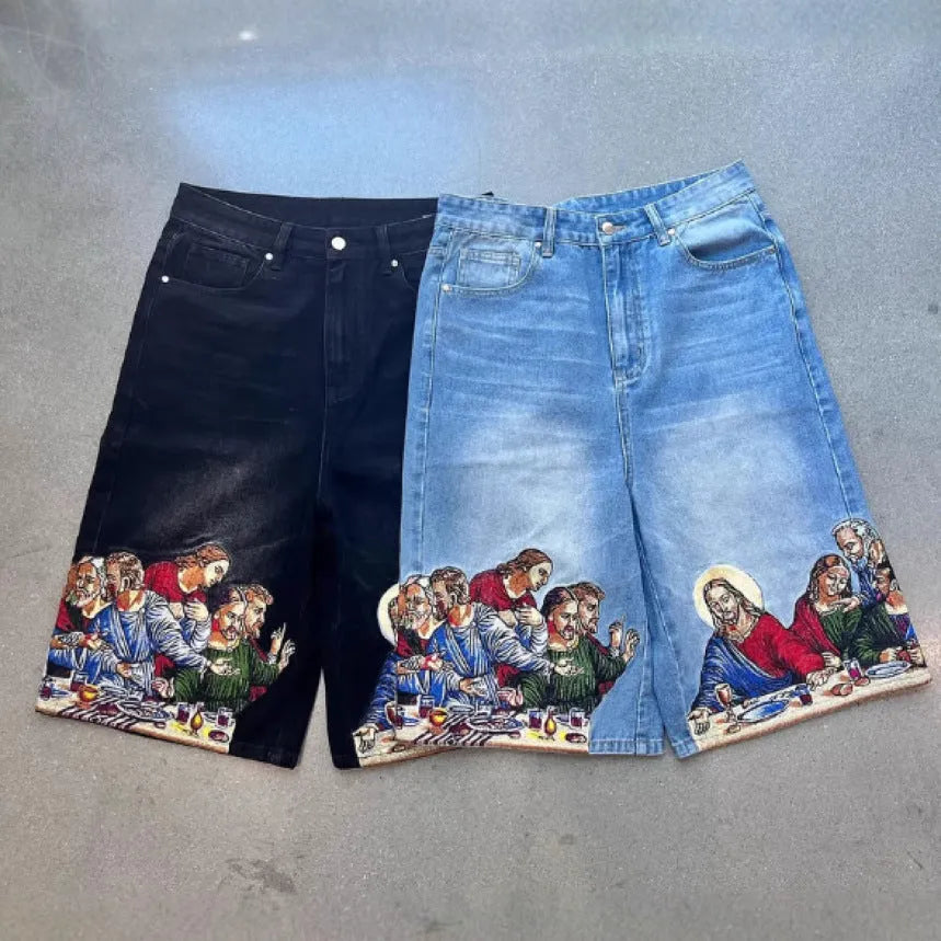 Men's blue cotton shorts with a Jesus print on the back pocket, shown from a rear angle.