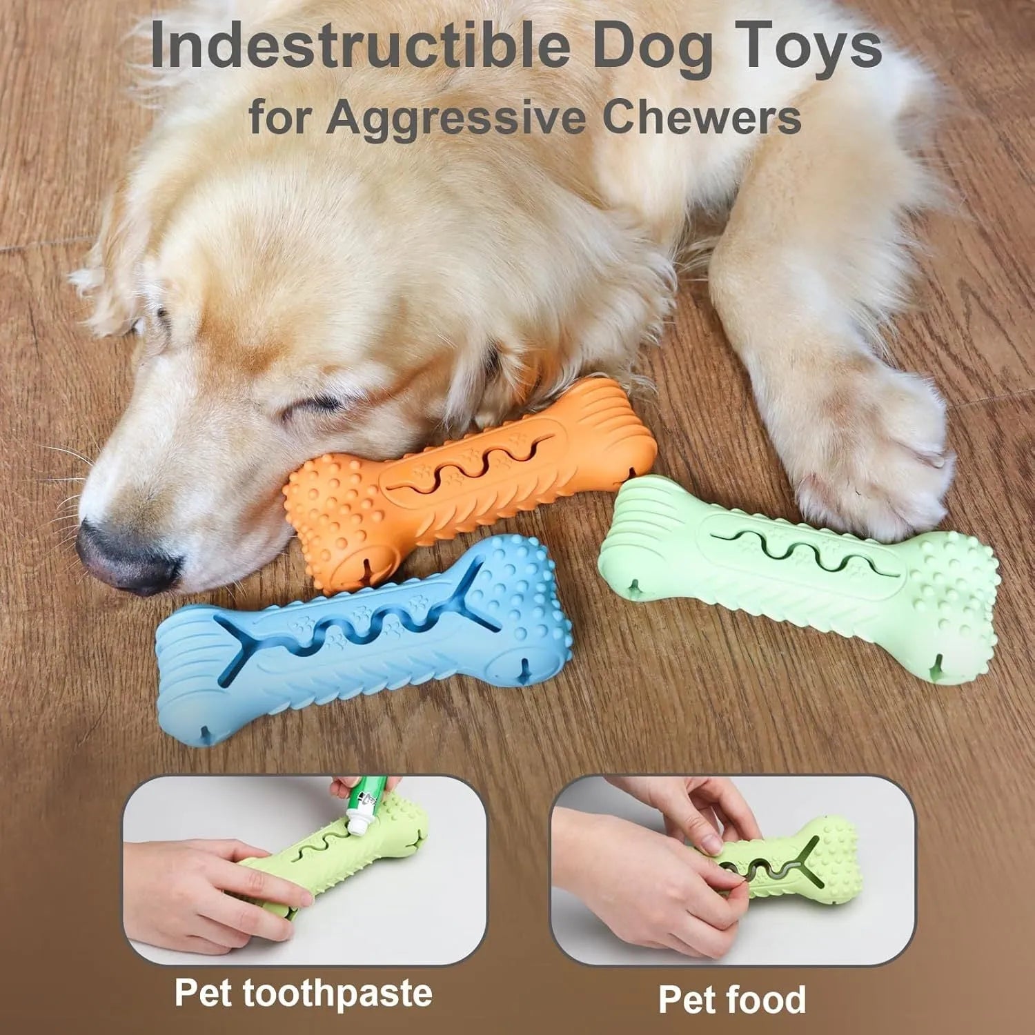 Blue natural rubber bone-shaped dog chew toy for aggressive chewers with textured teeth-cleaning surface