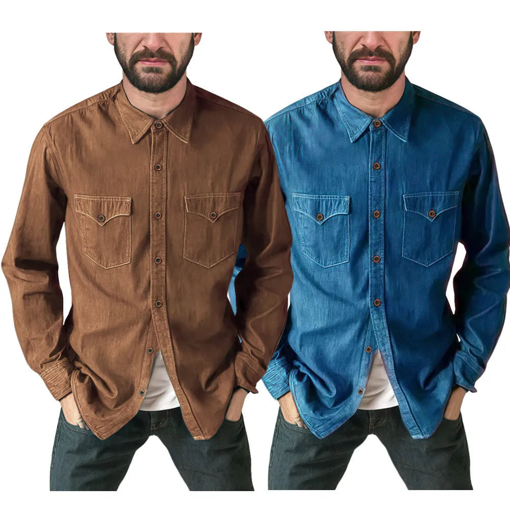 Men's regular fit denim cardigan coat in khaki on a hanger