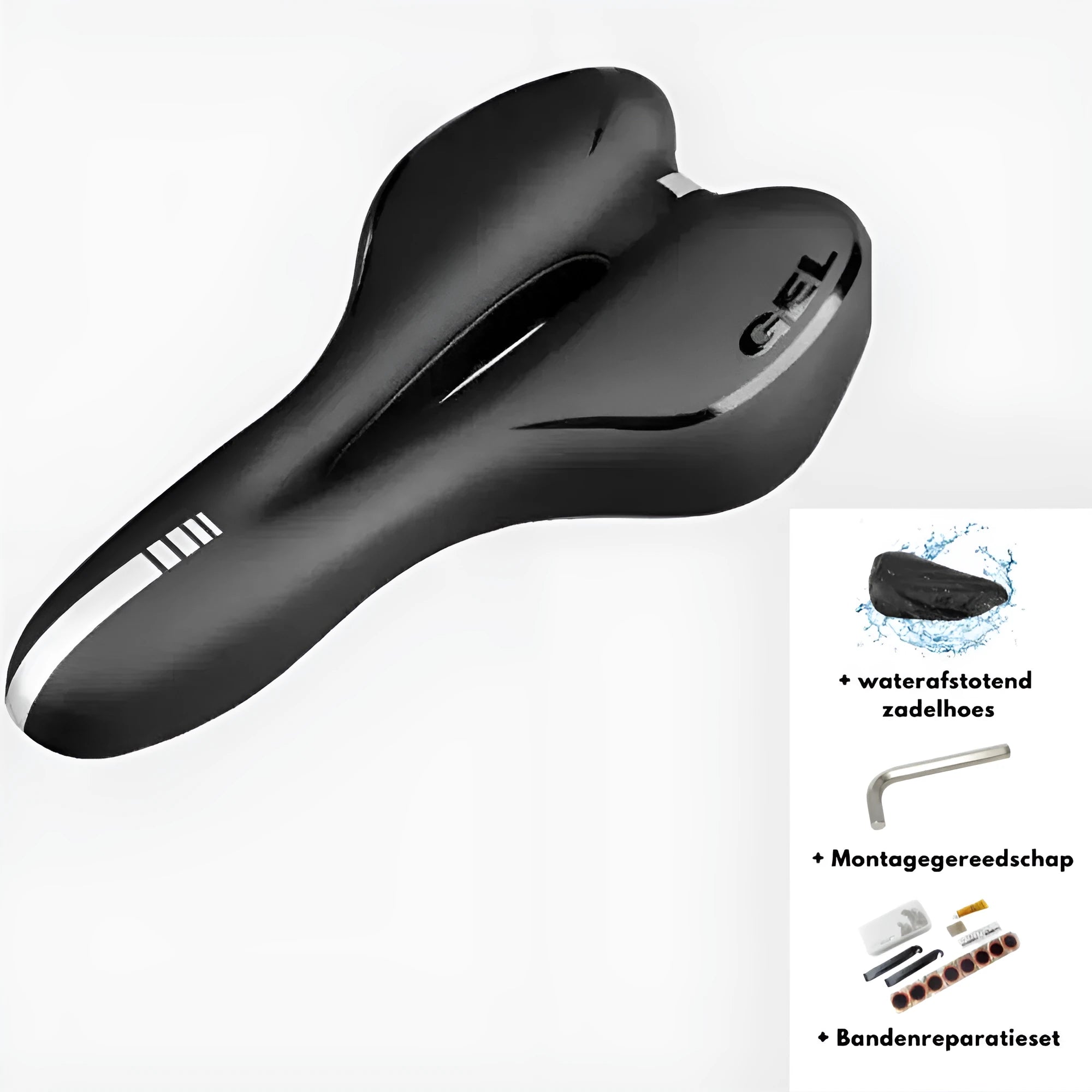 Bicycle saddle cushion with silicone gel insert, waterproof PU leather cover, steel bow frame, and included wrench and tire patch kit