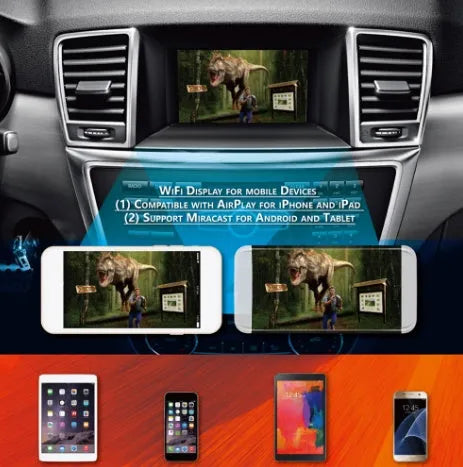 Black car mirror link box with Wi-Fi connectivity for smartphone screen mirroring to car audio systems
