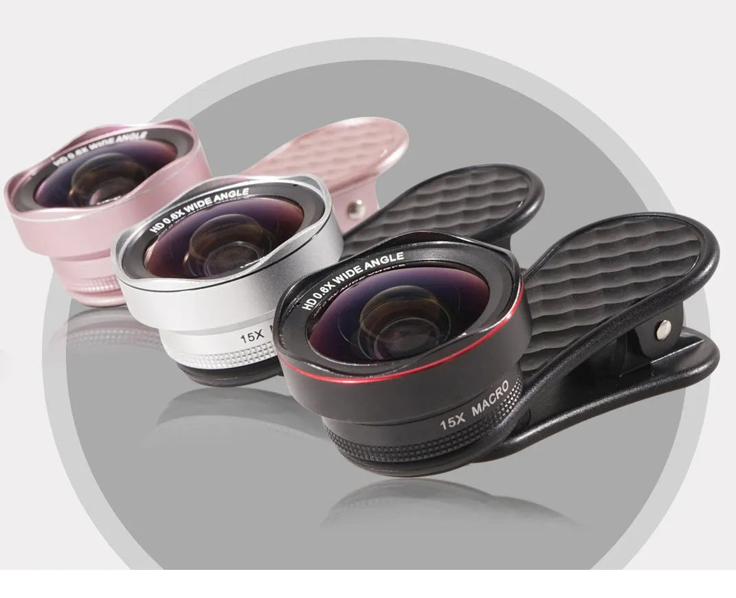 Mobile phone camera lens kit with 0.6x wide-angle and 15x macro lenses with universal clip