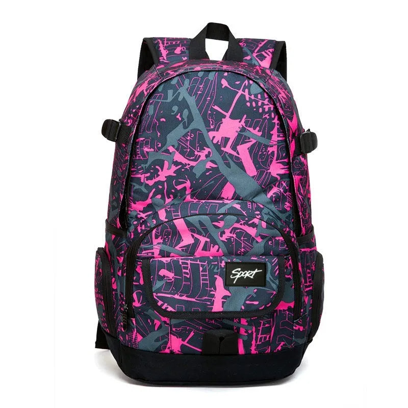 Blue or red classic nylon backpack showing large capacity design for school, travel, and outdoor use.