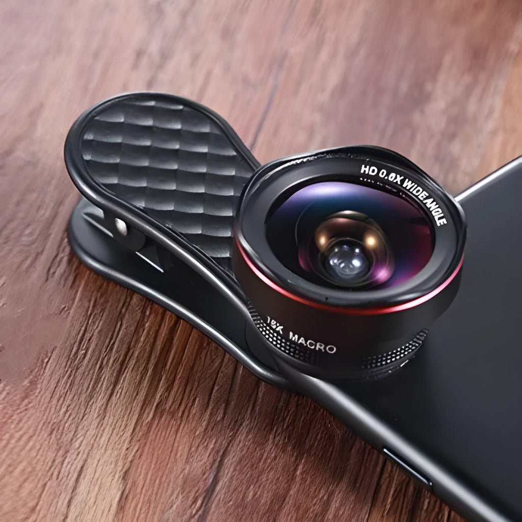 Mobile phone camera lens kit with 0.6x wide-angle and 15x macro lenses with universal clip