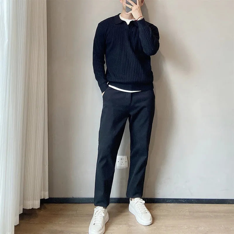 Modal rabbit fur knitted sweater with striped lapel collar in loose elastic fit