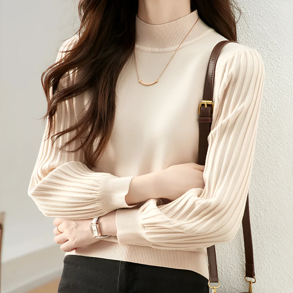 Slim fit half turtleneck shirt in spandex fabric with sunken stripe pattern, shown in apricot colour