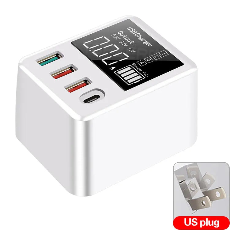 White 4-port USB travel charger with LED display, showing UK plug model