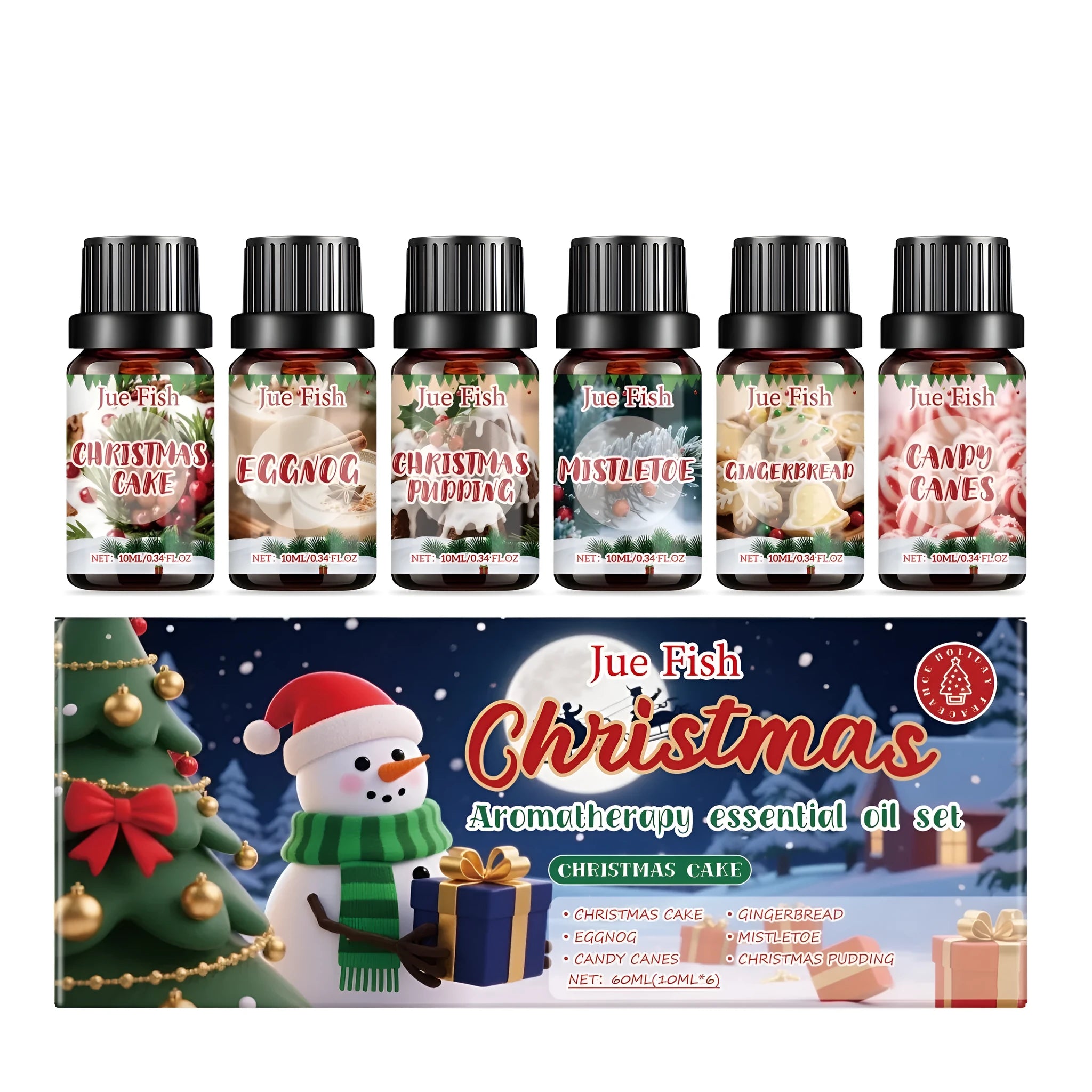 Christmas aromatherapy essential oil set showing six 10ml bottles with festive scents