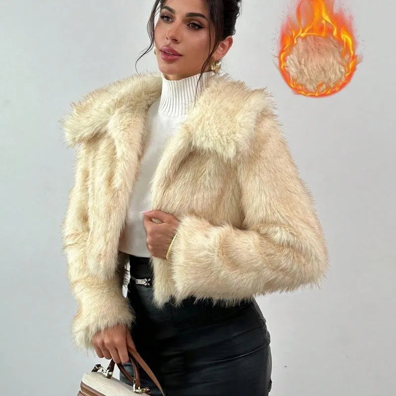 Artificial fur coat with fur collar in short 40cm length showing black tip on black colour variation