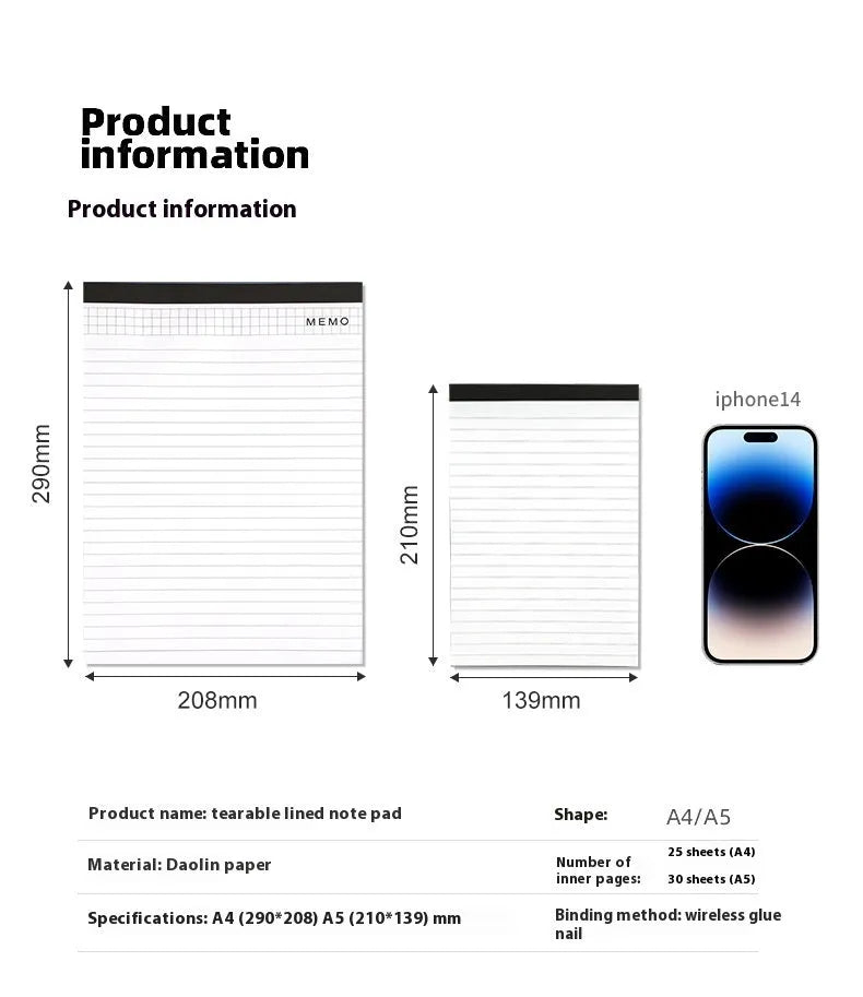 A4 tearable note pad with wireless adhesive binding showing grid and lined format options