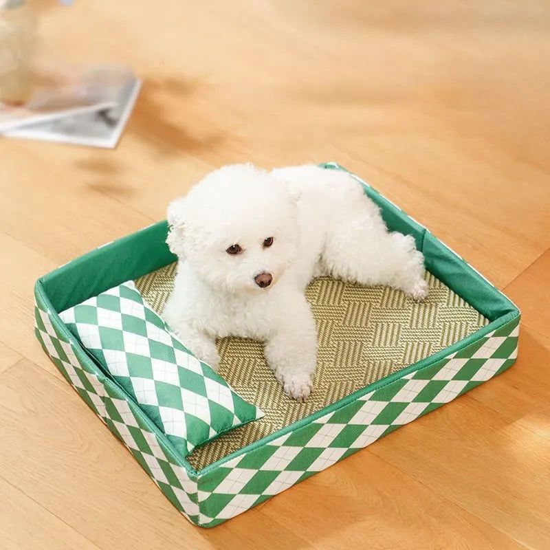 Blue rattan cat litter mat measuring 70x50cm serving as washable pet bed