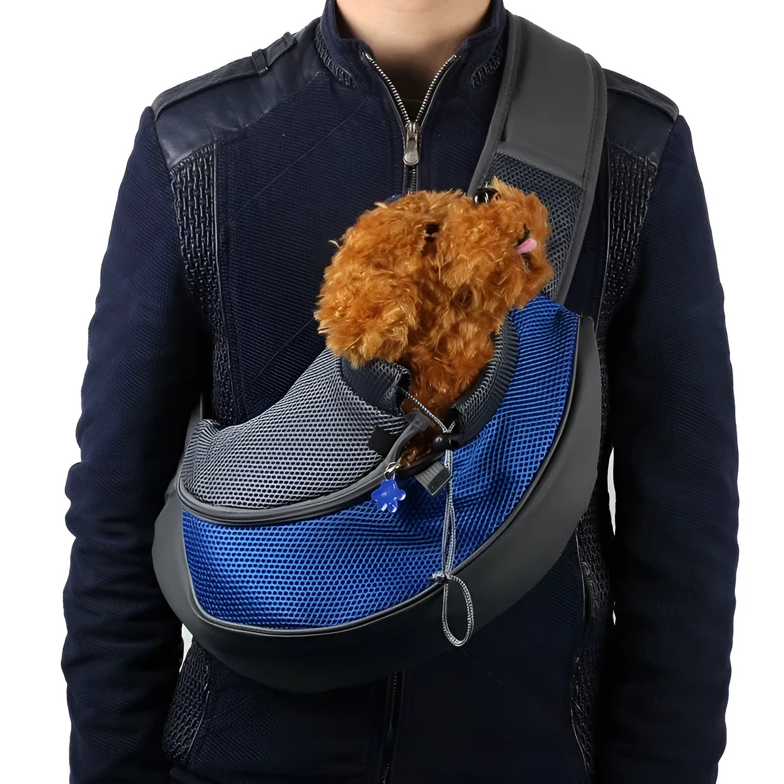 Blue polyester pet carrier backpack shown from the side, with mesh panel and straps.
