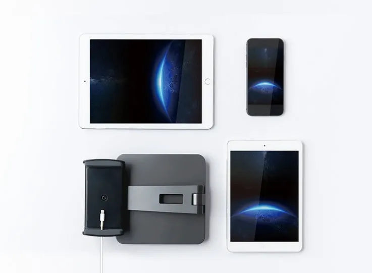 Folding desktop phone tablet stand in silver with 360-degree rotation feature