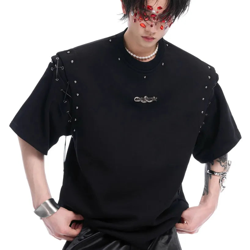 Men's black short sleeve t-shirt with lace-up cutout design detail on the front.