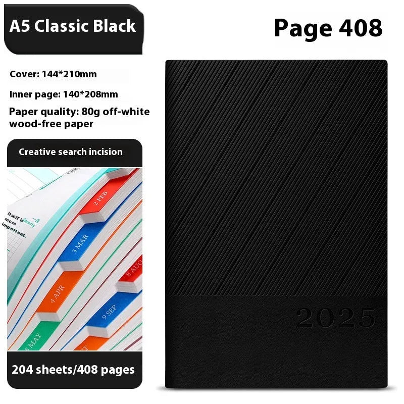 A5 striped PU leather business notepad open on a desk, showing thickened paper, available in eight colours.