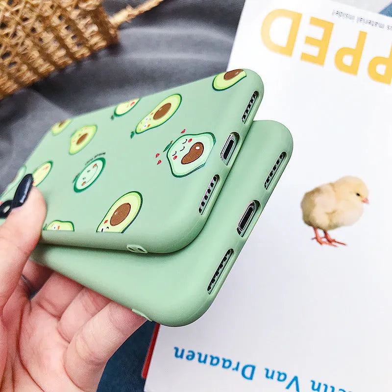 Avocado cartoon design on a green TPU phone case for iPhone.