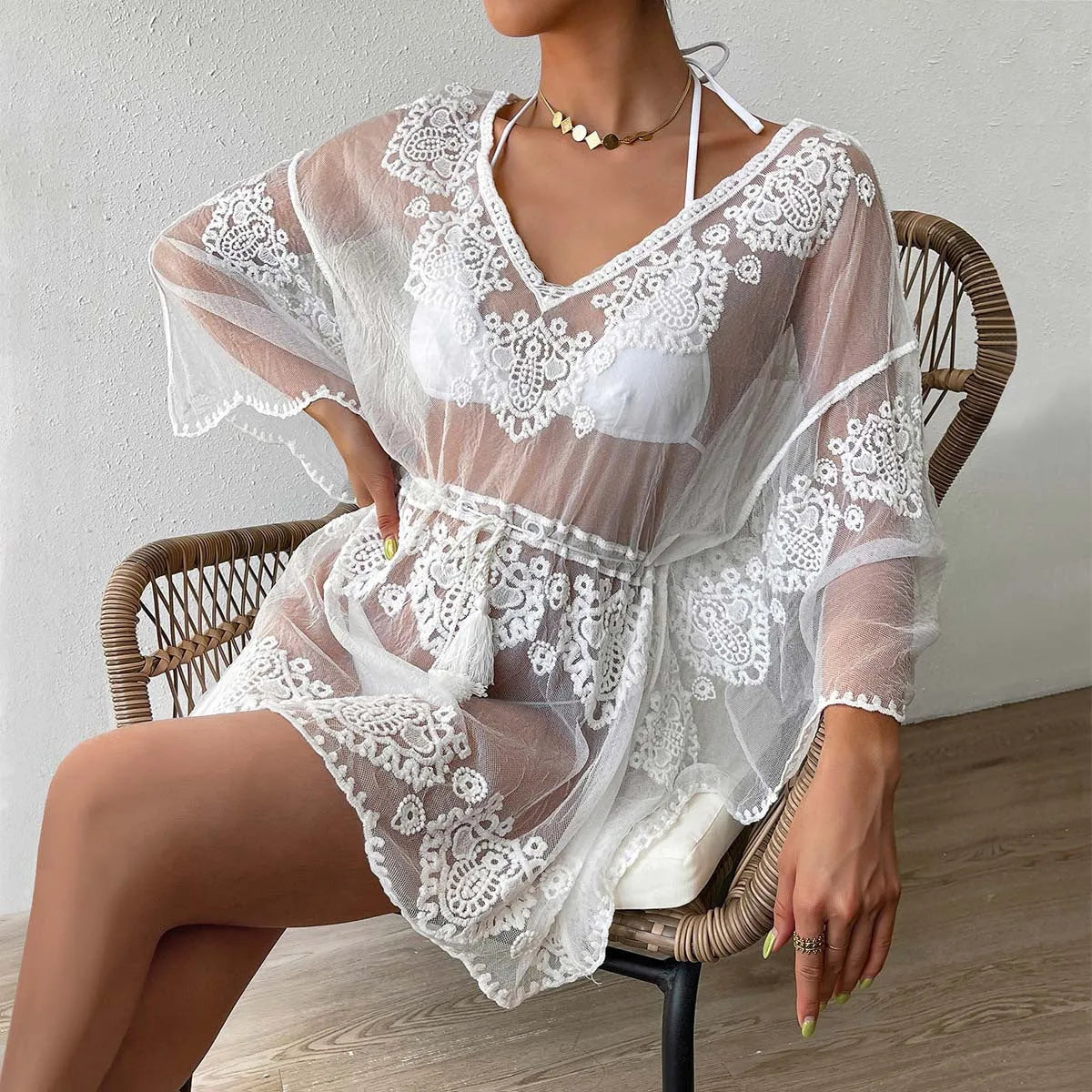White women's beach blouse with cotton-blend lining for sun protection and swimming