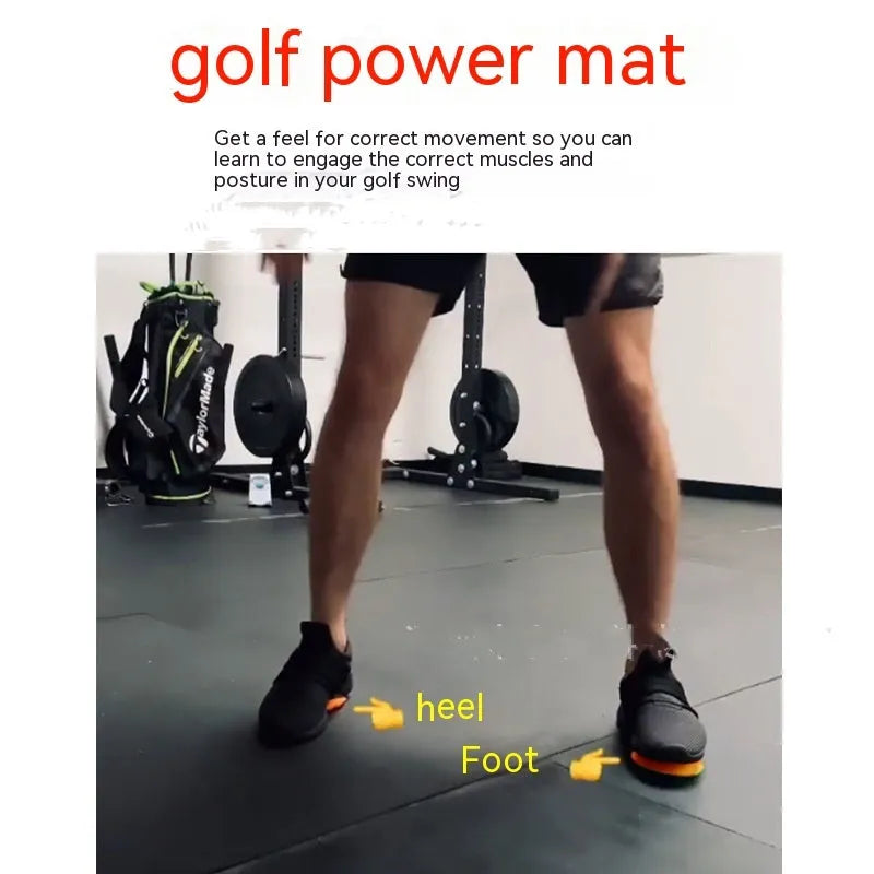 Orange golf training mat with natural rubber construction for centre of gravity swing practice