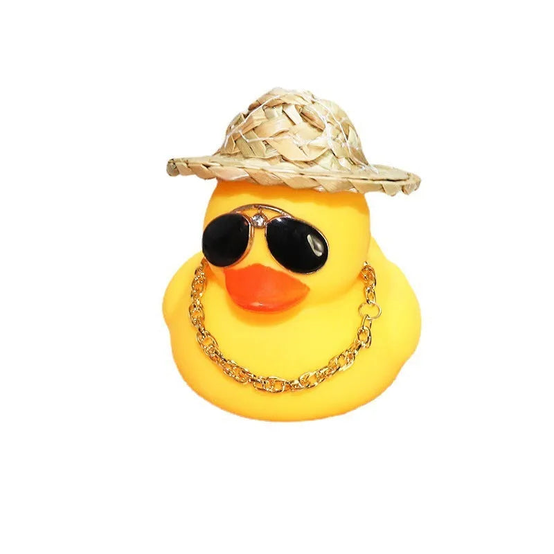 Straw hat yellow duck cartoon car ornament with matte finish and sunglasses accessory