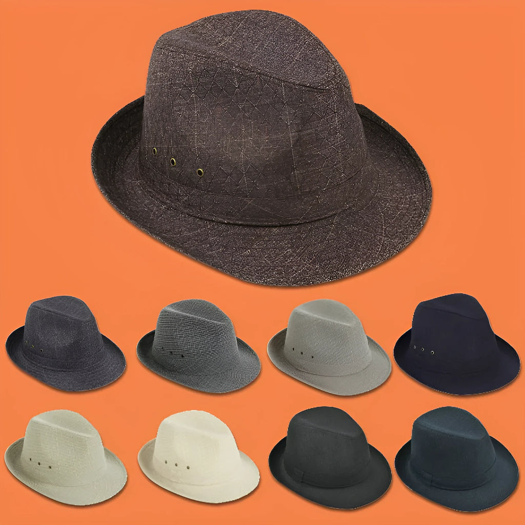 Men's classic fedora hat in suit material showing thickened construction and traditional silhouette