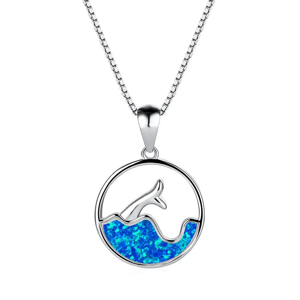 Geometric sea fishtail pendant necklace with round opal elements in electroplated white gold colour