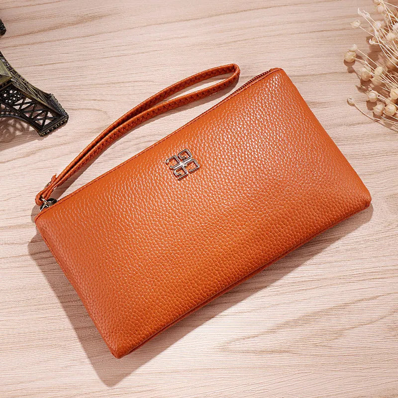 Long 55-inch PU leather phone wallet handbag with zipper, shown in a choice of colours.