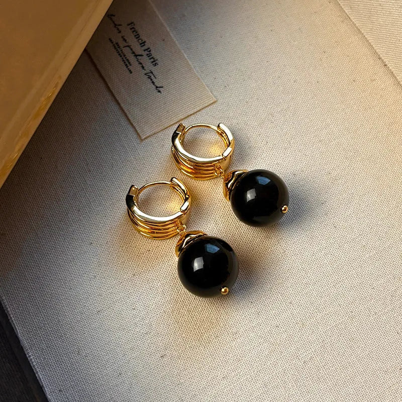 Gold-plated geometric tigereye earrings in French retro style, brown and black colour options