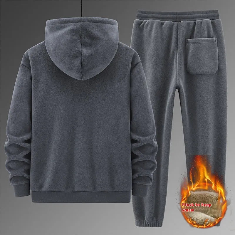 Men's grey casual sports suit set featuring a hooded long-sleeve sweater and matching trousers