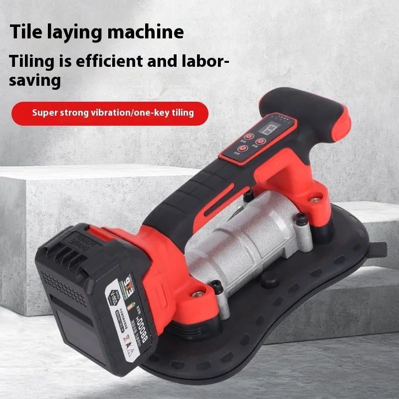 21V cordless tile laying machine with adjustment dial, shown with batteries for automatic tile pasting.