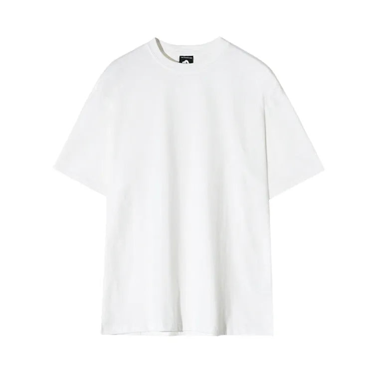 Men's slim-fit cotton T-shirt in solid white colour with half-length sleeves on a hanger.