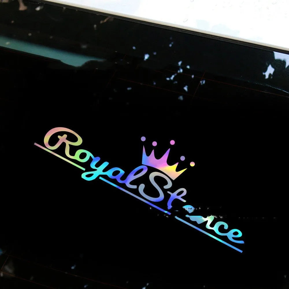 Reflective crown-shaped car sticker on a vehicle window, showing black, white, and colourful design options.