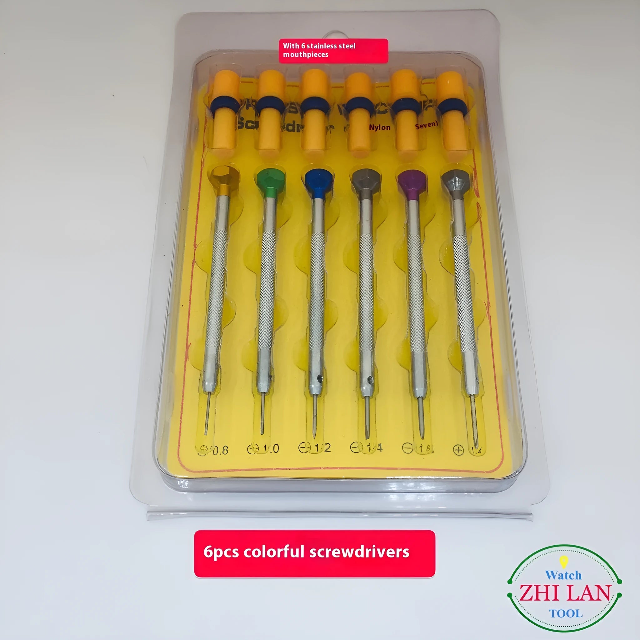Six colour-coded watch repair screwdrivers with copper handles arranged in aluminium case
