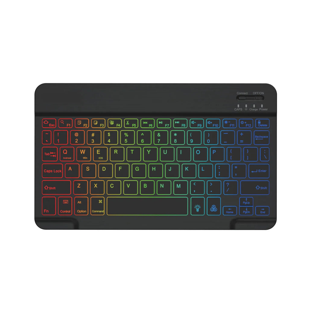 10-inch backlit Bluetooth wireless keyboard for tablets showing colourful LED lighting.