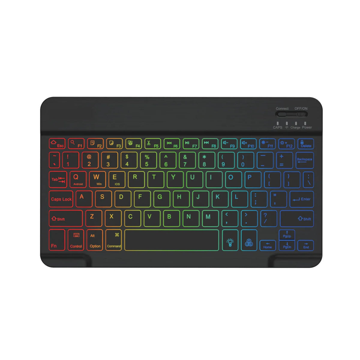 10-inch backlit Bluetooth wireless keyboard for tablets showing colourful LED lighting.