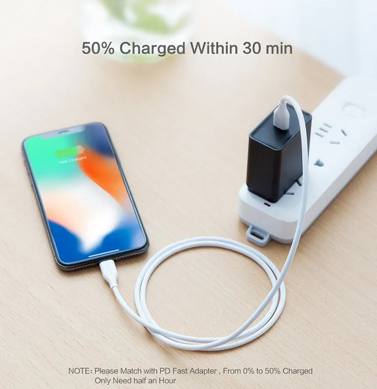 White braided USB-C to Lightning cable with aluminium connectors, 1 metre long