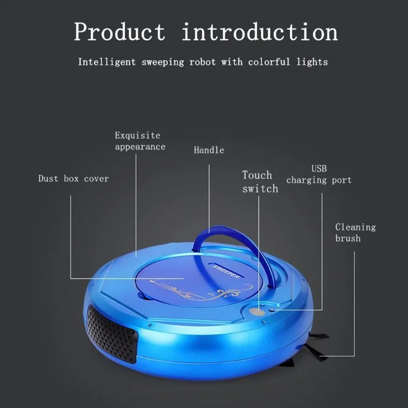 Blue smart robot vacuum cleaner on a wooden floor, showing its dust box and cleaning brush.