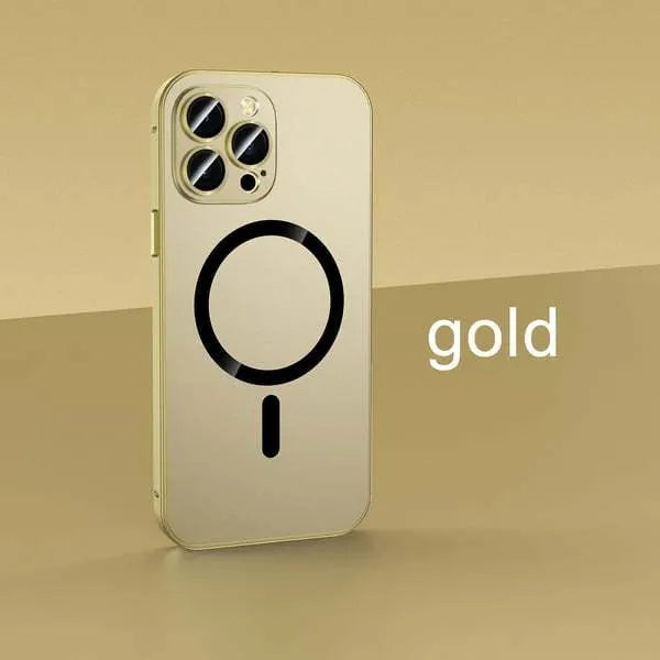 Aluminium alloy frame protective phone case for iPhone in dark purple, blue, silver, black, and gold colours.