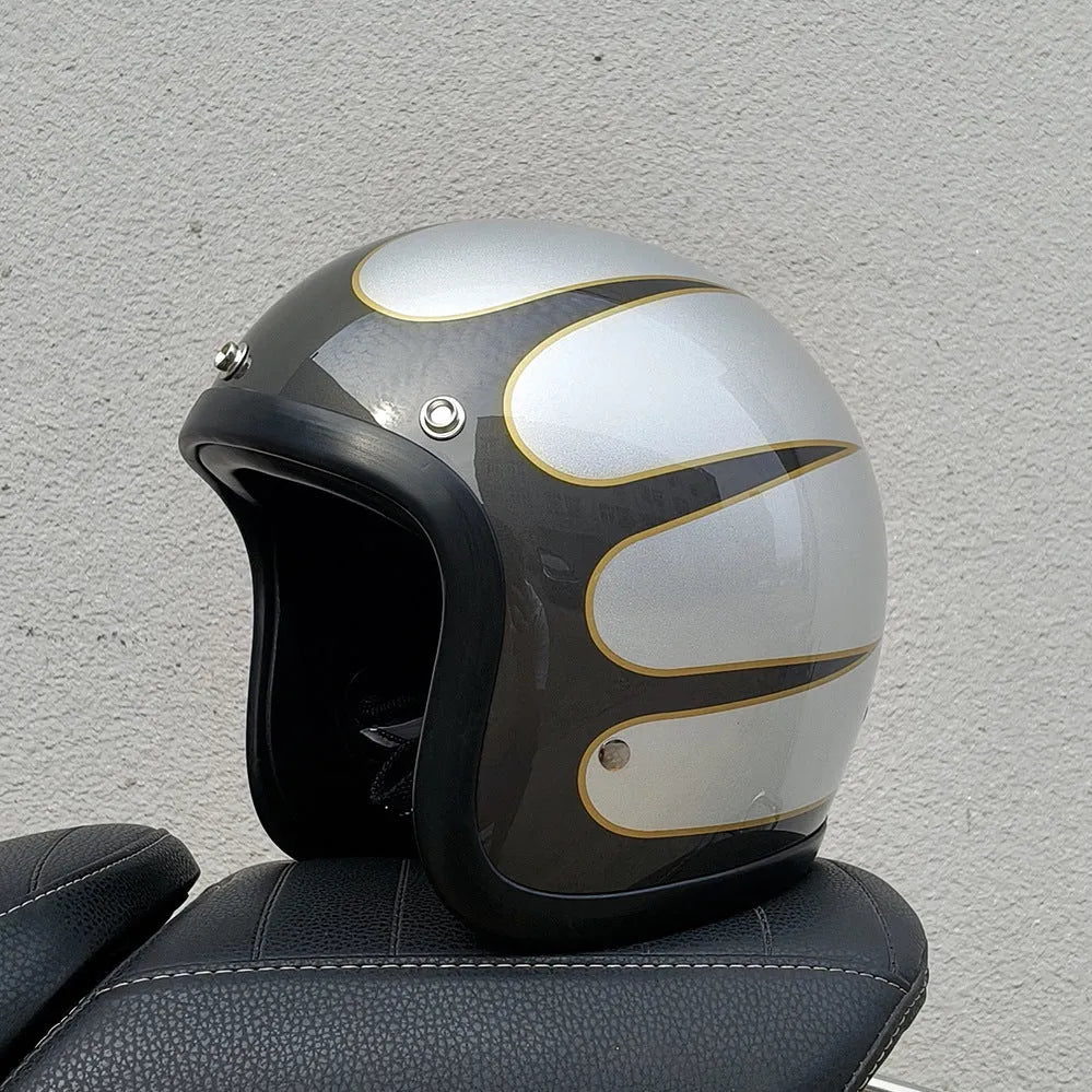 Glass fibre motorcycle half helmet shown in a retro style on a stand.