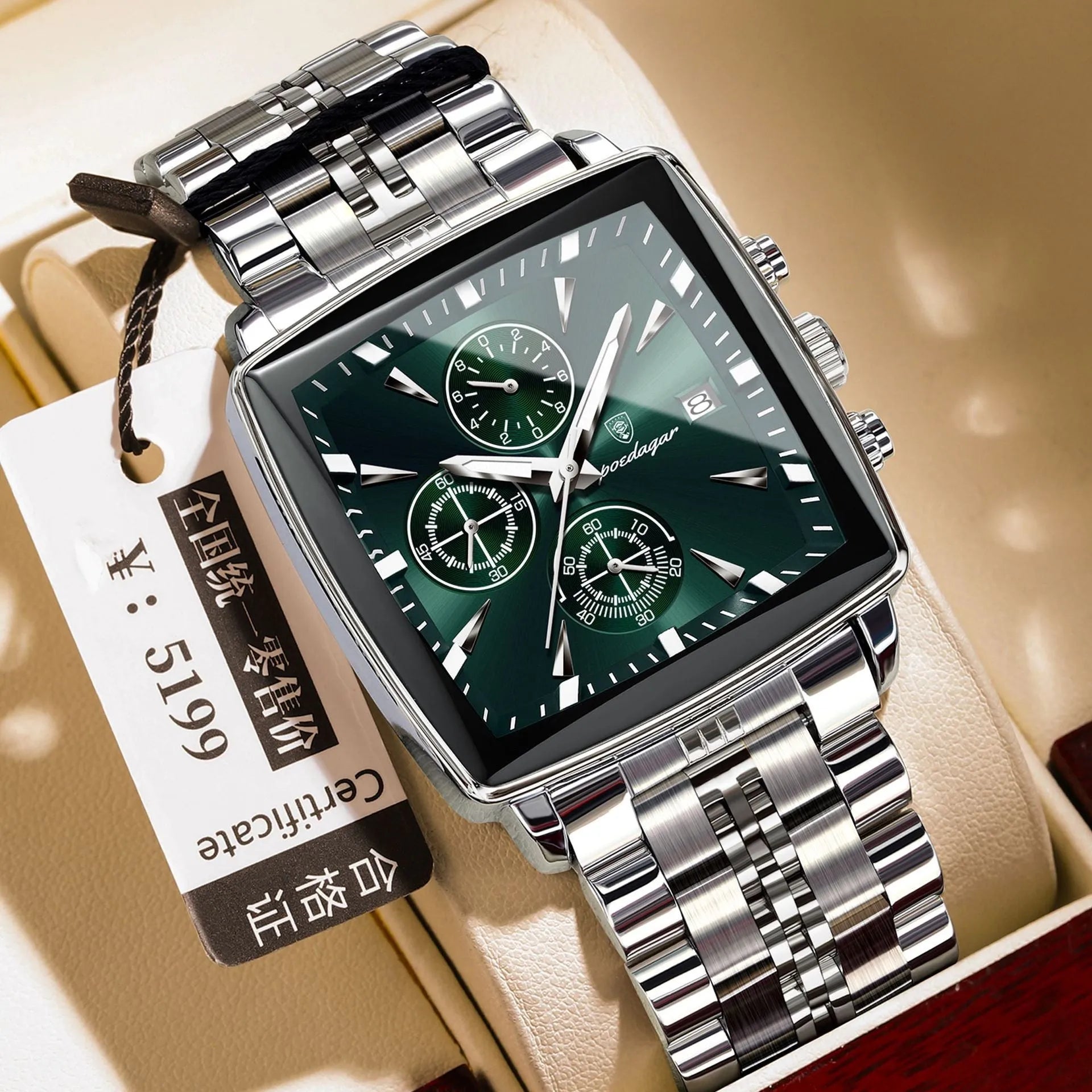 Square faced men's business watch with stainless steel strap in one of ten colour options.
