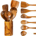 7-piece wooden kitchen utensil set with spoons, spatulas, and soup spoons