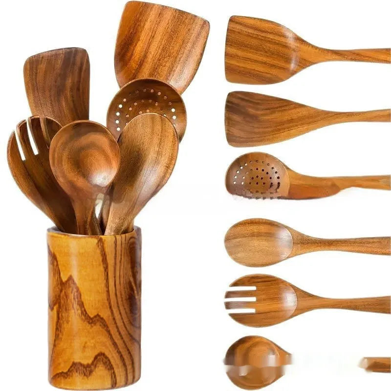 7-piece wooden kitchen utensil set with spoons, spatulas, and soup spoons