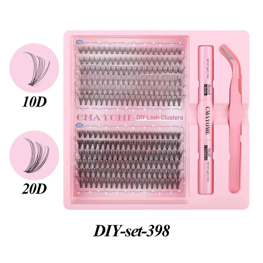 DIY single cluster false eyelashes set with adhesive and applicator tool on a white background.
