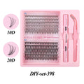 DIY single cluster false eyelashes set with adhesive and applicator tool on a white background.