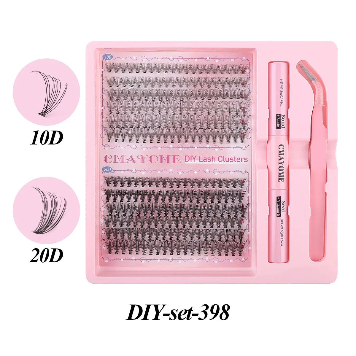 DIY single cluster false eyelashes set with adhesive and applicator tool on a white background.