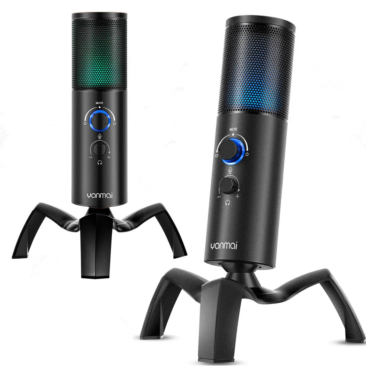 Black Q18 two directional condenser microphone with RGB lighting and metal body on tripod