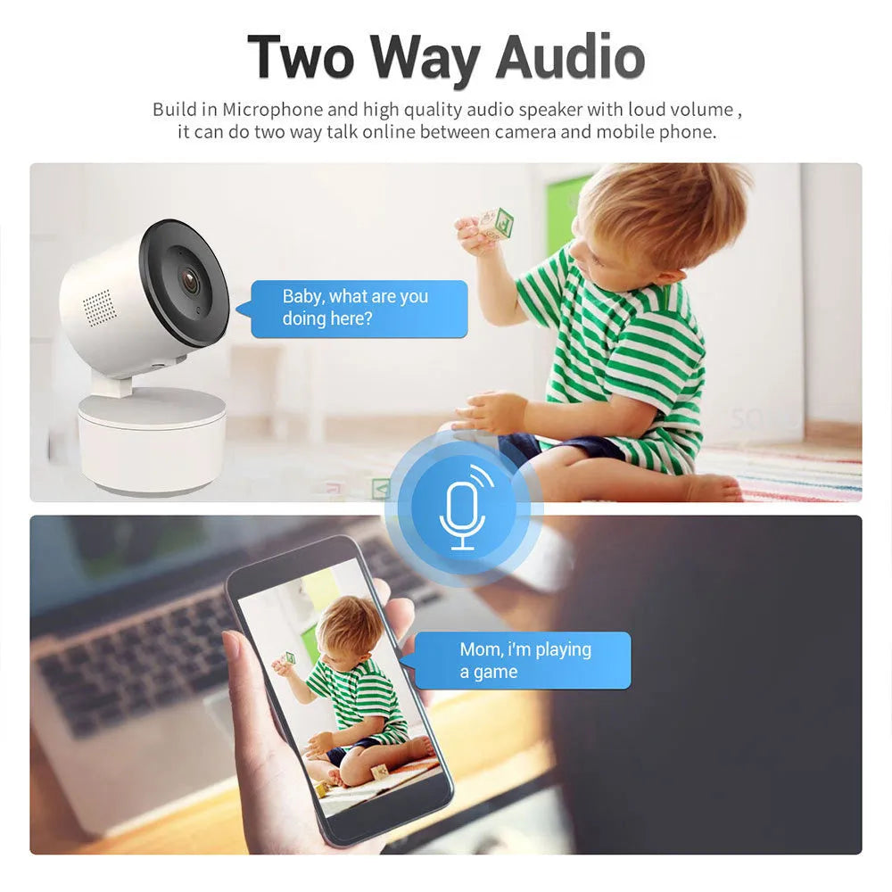 Indoor WiFi security camera with pan and tilt function on a desktop.