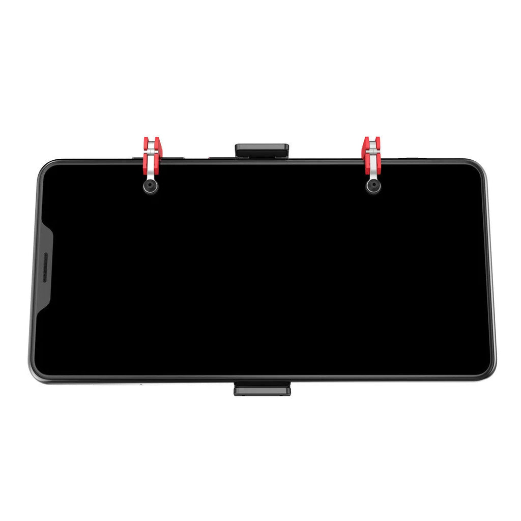 Black mobile phone game controller with adjustable metal trigger and telescopic fixing clip extended.
