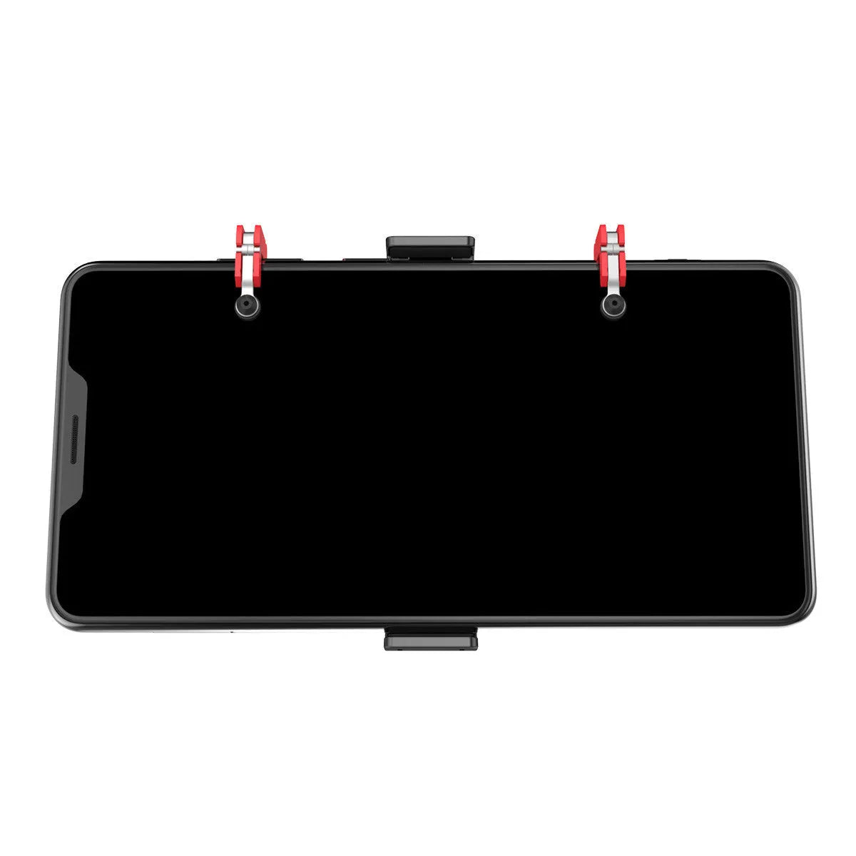 Black mobile phone game controller with adjustable metal trigger and telescopic fixing clip extended.