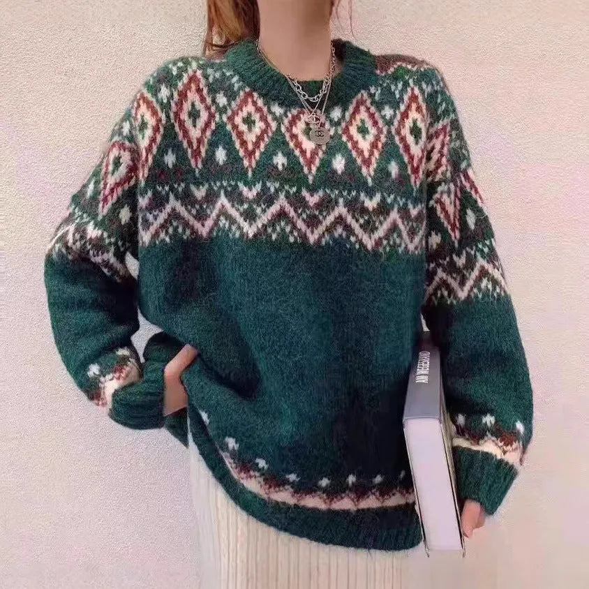 Women's loose retro striped pullover knitted top in polyester with long sleeves