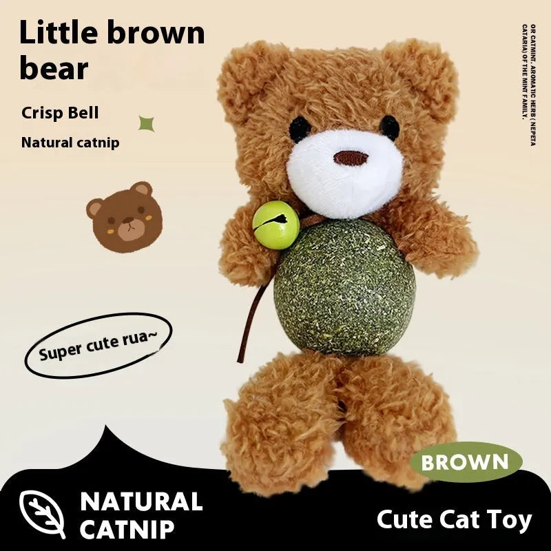 15cm plush catnip ball toy with mint scent and bell in brown bear design